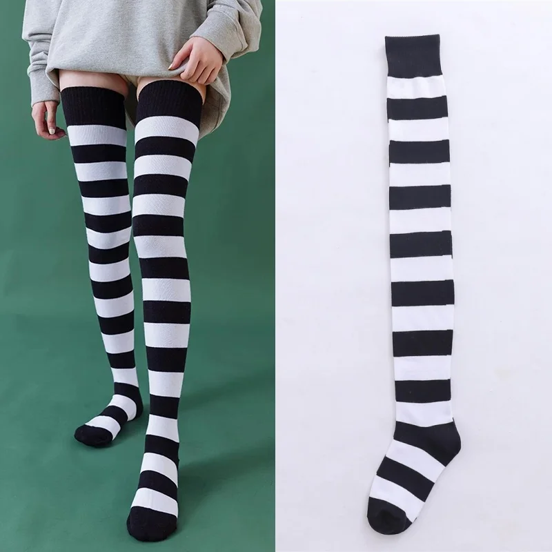 1 Paar Damen-Overknee-Socken aus gekämmter Baumwolle, oberschenkelhohe Socken in Übergröße, lange, locker sitzende, gestreifte, modische, lässige Alltagskleidung