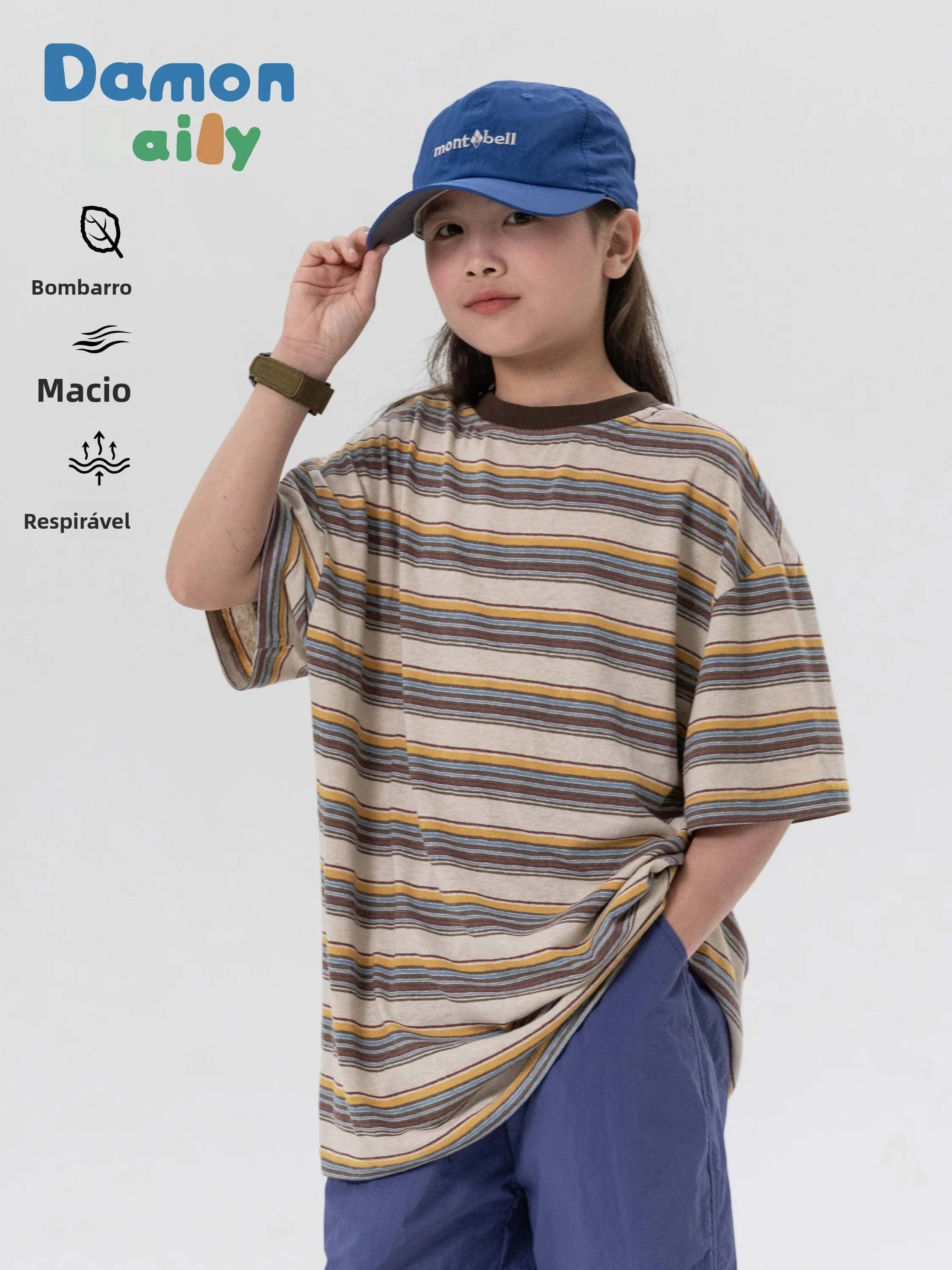 damon-daily-summer-children's-hanflax-cool-sensation-retro-color-block-stripe-t-shirt-skin-friendly-breathable-casual-short-s