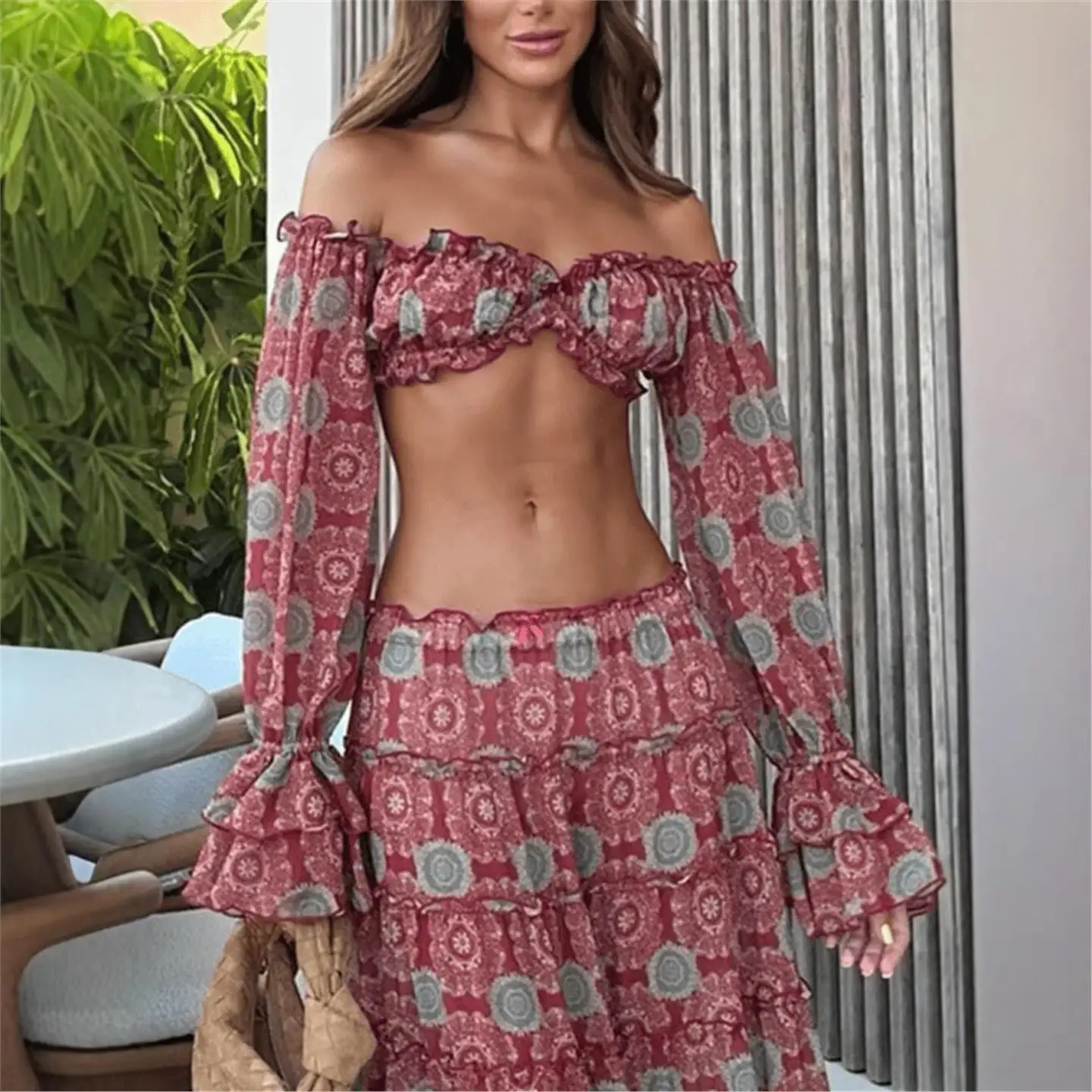 عارضة ort oulder Bared طباعة أعلى تنورة طويلة مجموعة مثير Sle منتصف منخفضة الخصر مظلة الجندي السراويل المواد البلاستيكية لمتوسطة... #4