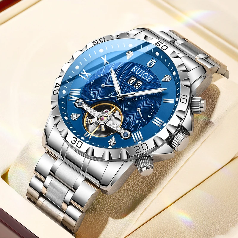 RUIGE multifunktionale vollautomatische mechanische Uhr Herren hohl Edelstahl Luxusuhr Nachtlicht wasserdicht Trend wa 3