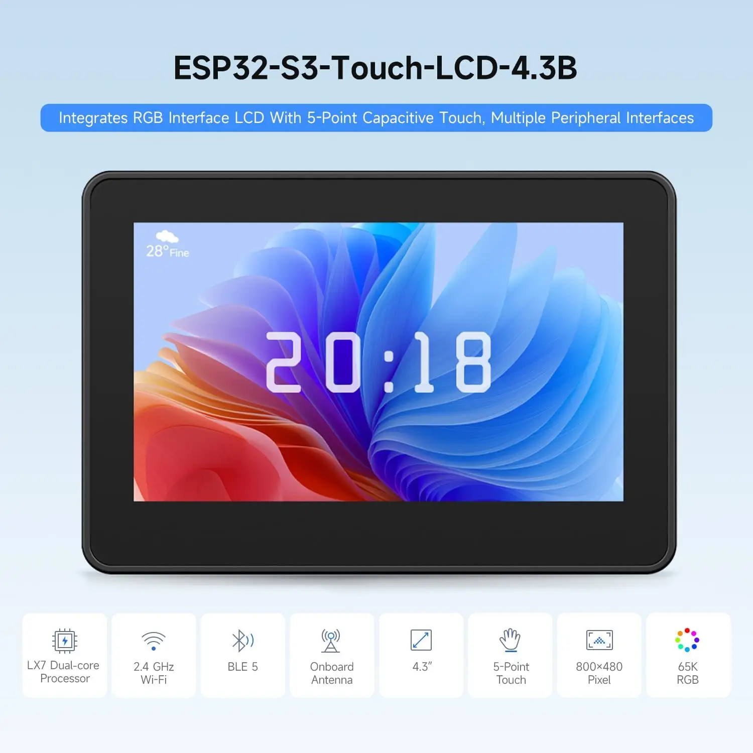 Waveshare ESP32-S3 4.3inch IPS Touchscreen LCD Display Development Board Type B 800×480 HMI LVGL GUI Development for Arduino IDE