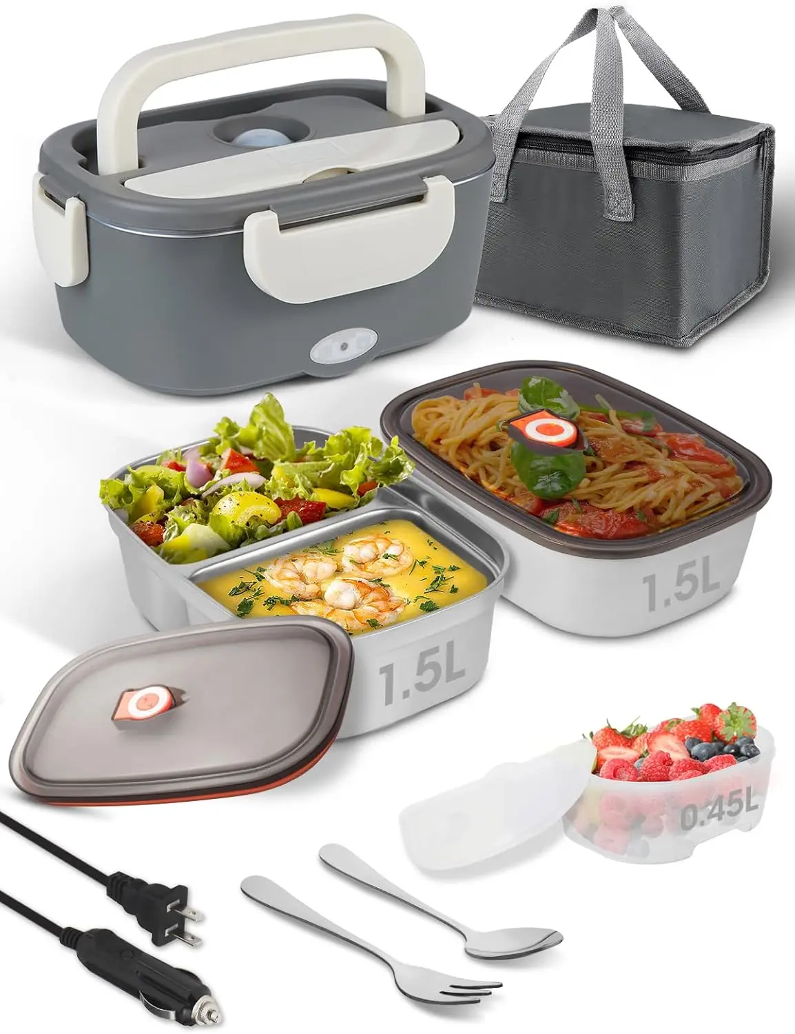 

Electric-Lunch-Box-Heated-Food Warmer, 80W Heating Lunchbox for Adults, 2 Pack 1.5L Stainless Steel Containers, 12/24/110V