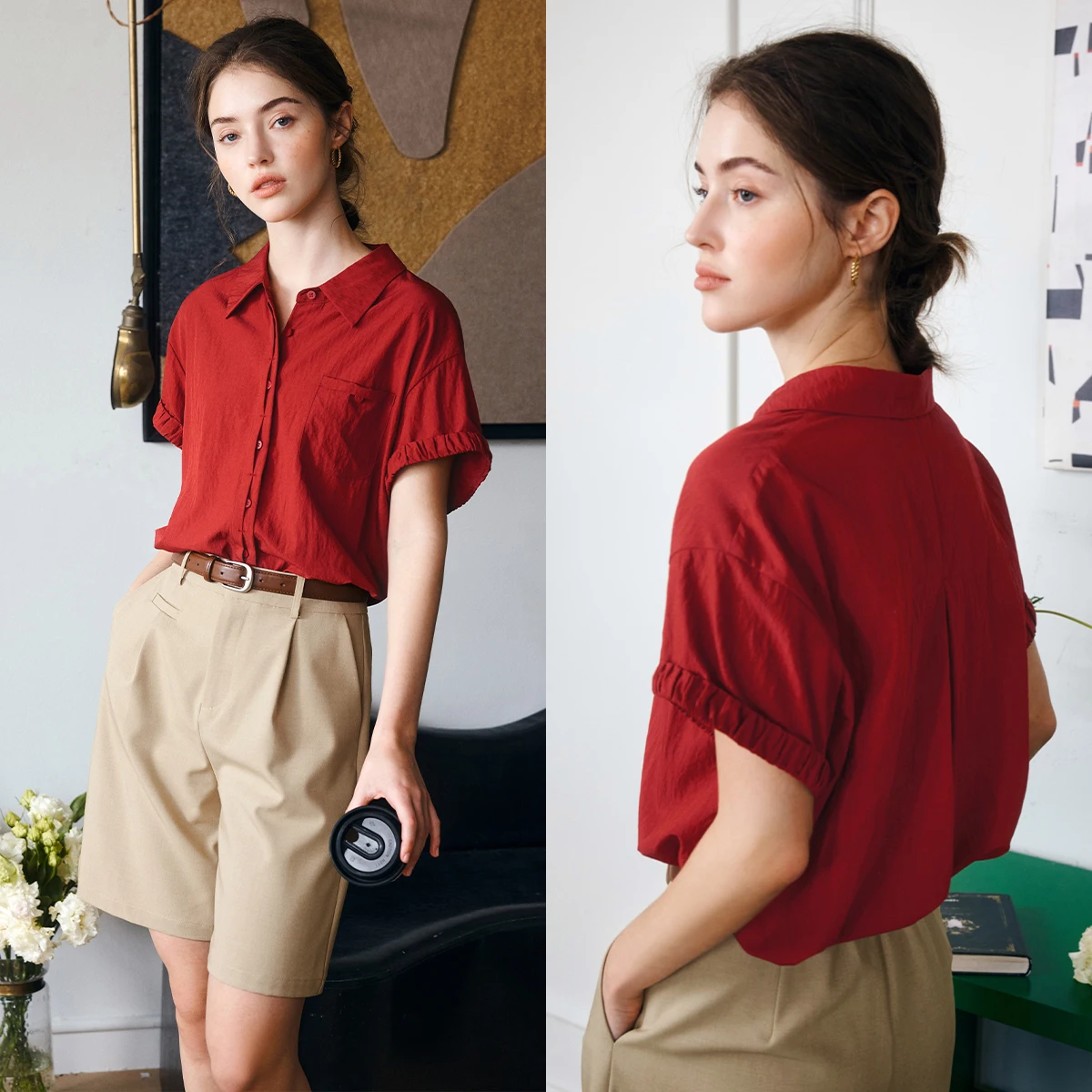 

OLrain Women Summer Red Shirts & Blouses 2026 French Elegant Vintage Drop Short Sleeve Loose Ladies Tops for Woman O57XC98010