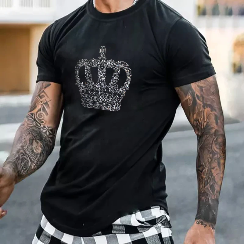 New Men\'s Fashion Diamonds T-Shirts Skull Hot Drill Tee Tops Short Sleeve O-Neck Rhinestone Club Men Clothing Tshirt Quality Y2K