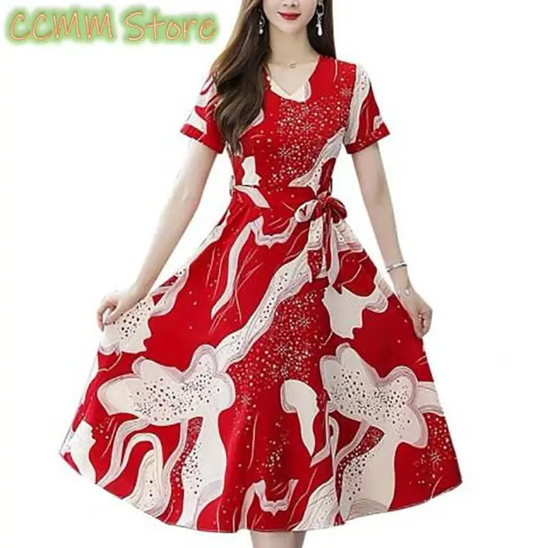 

Fashion Printed V-Neck Spliced Lace Up Bow Vintage Dress Women's Clothing Summer New Loose Office Lady Midi Dress
