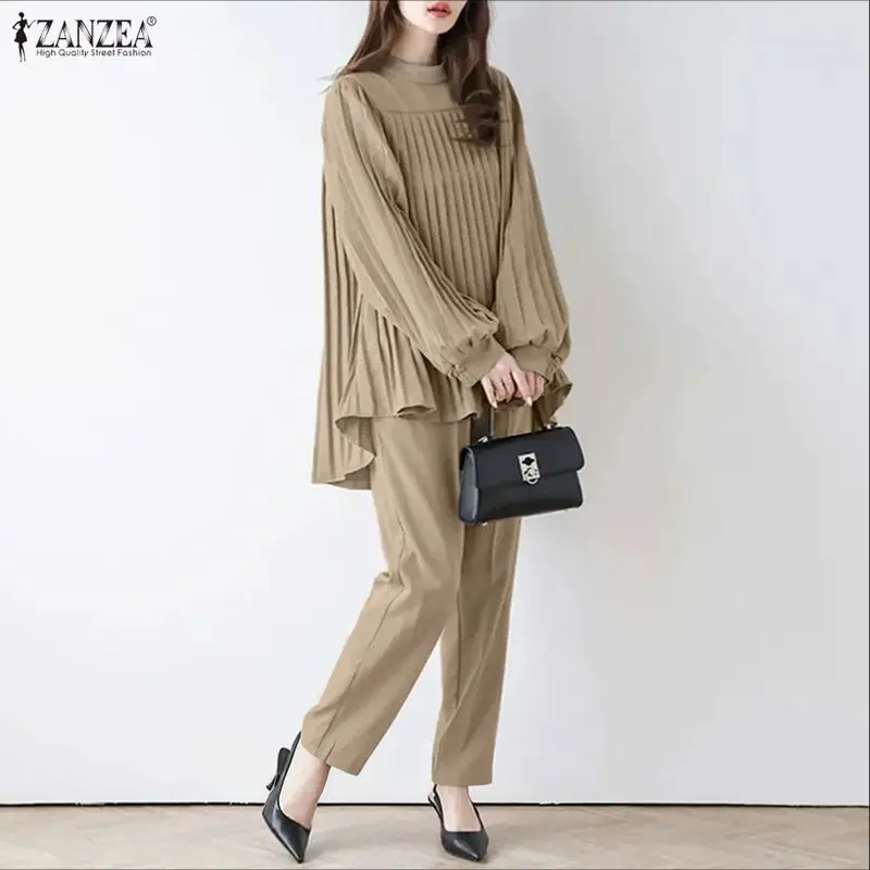 

ZANZEA 2026 Fashion Women Long Pants Sets Autumn Casual 2 Piece Outfits Long Sleeve Pleated Tops and Wide Leg Pants Elegant 2PCS