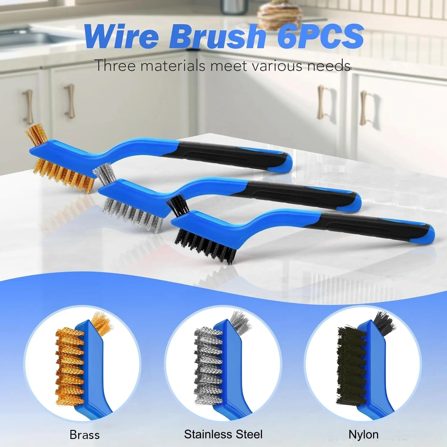 6PCS Premium Wire Brush Set Stainless Steel Brass Nylon Wire Brush Curved Handle for Rust Dirt  Paint Scrubbing Deep Cleaning