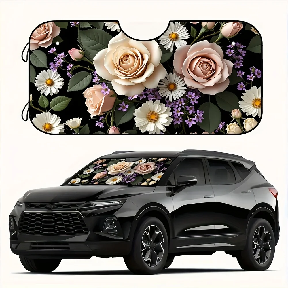 

1pc Retro Rose Floral Print Car Windshield Sun Shade - Foldable Sun Visor With Purple Roses & White Daisies Design, Fit For All