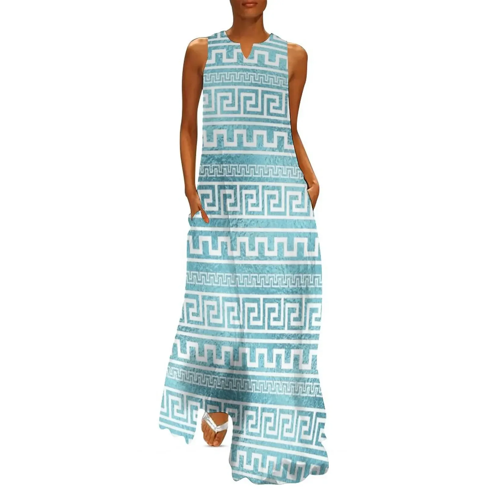 

Gentle Blue Greek Meander Pattern on glass Long Dress dress women summer 2025 summer dress womens 2025