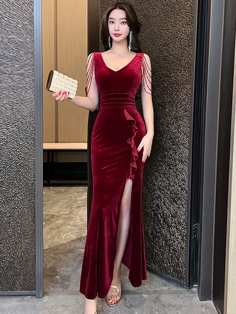 Women Elegant Ruffle Slit Dress 2025 Korean Fashion Bodycon Dresses Spring Autumn Green Velvet Chic Tassel Sling Sexy Long Dress