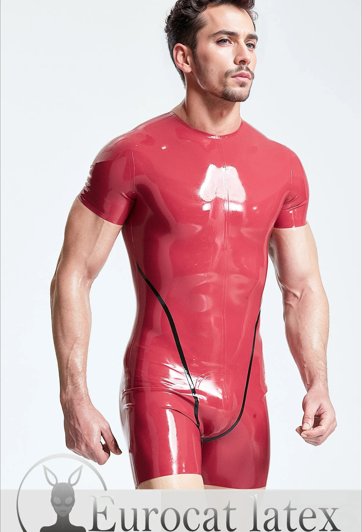 

rubber catsuit mens red latex short sleeved handmade bodysuit black rubber eurocat fetish clubwear costume customized