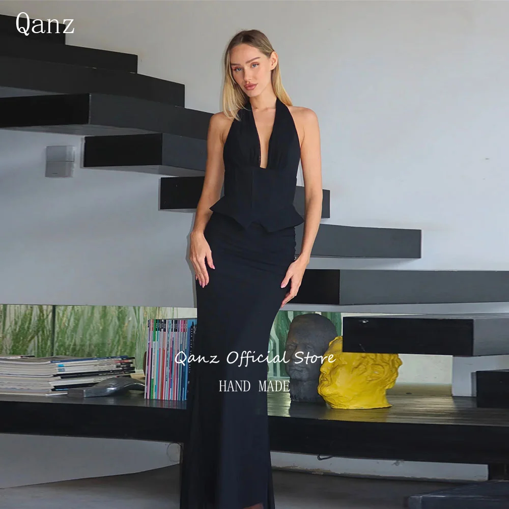 Qanz Black Women Mermaid Evening Dresses Halter Neck Backless Vestidos De gala Sleeveless Women Robe De Soirée Customized