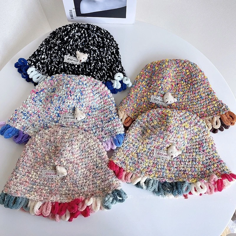 

Красочная милая вязаная панама для зимы и защиты ушей, универсальные рыбацкие шапки для женщин