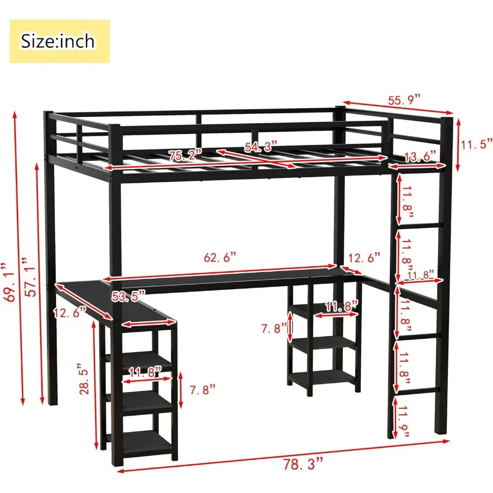 Letto a soppalco Full Size con scrivania e ripiani portaoggetti, letto a soppalco in metallo resistente con scrivania e scala a forma di L, letto a soppalco Full Size