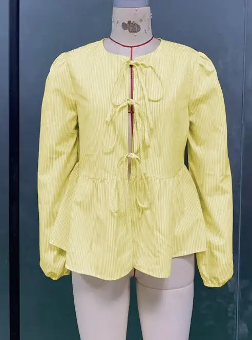 

Популярная корейская одежда, рубашка с длинными рукавами и веревкой, универсальная полосатая рубашка, осень 2022, новый топ для женщин, свободные французские блузки