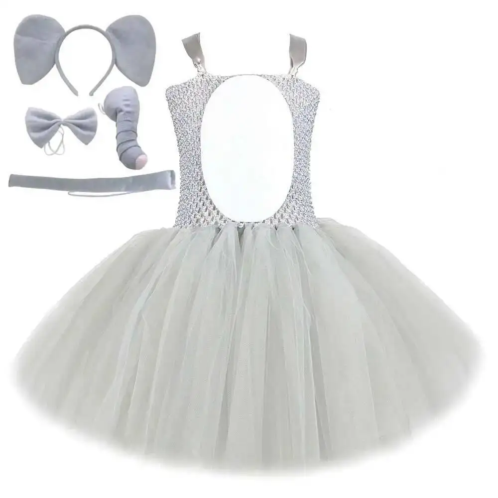 Baby Girls Gray Elephant Tutu Dress for Kids Birthday Halloween Costumes Children Animal Disguise outfit with Ears Nose Tail Set