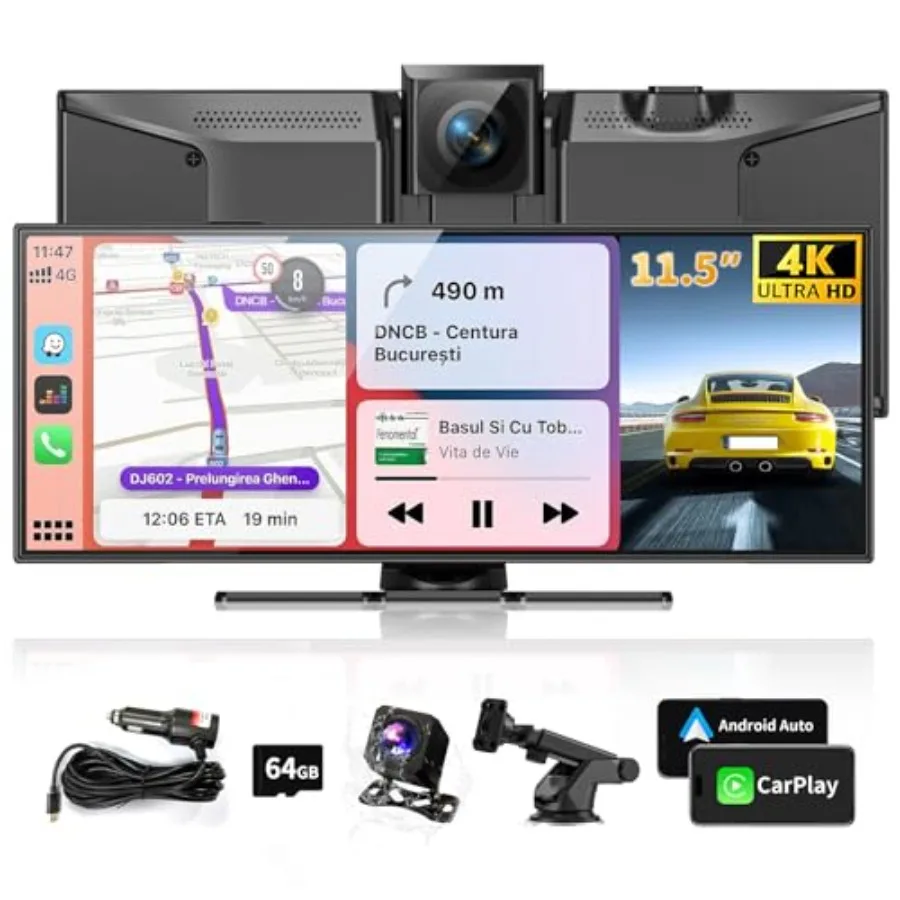 

Portable CarPlay Screen for Cars: 11.5-inch 4K Touchscreen Wireless CarPlay Android Auto Dash Cam Loop Recording Backup Camera