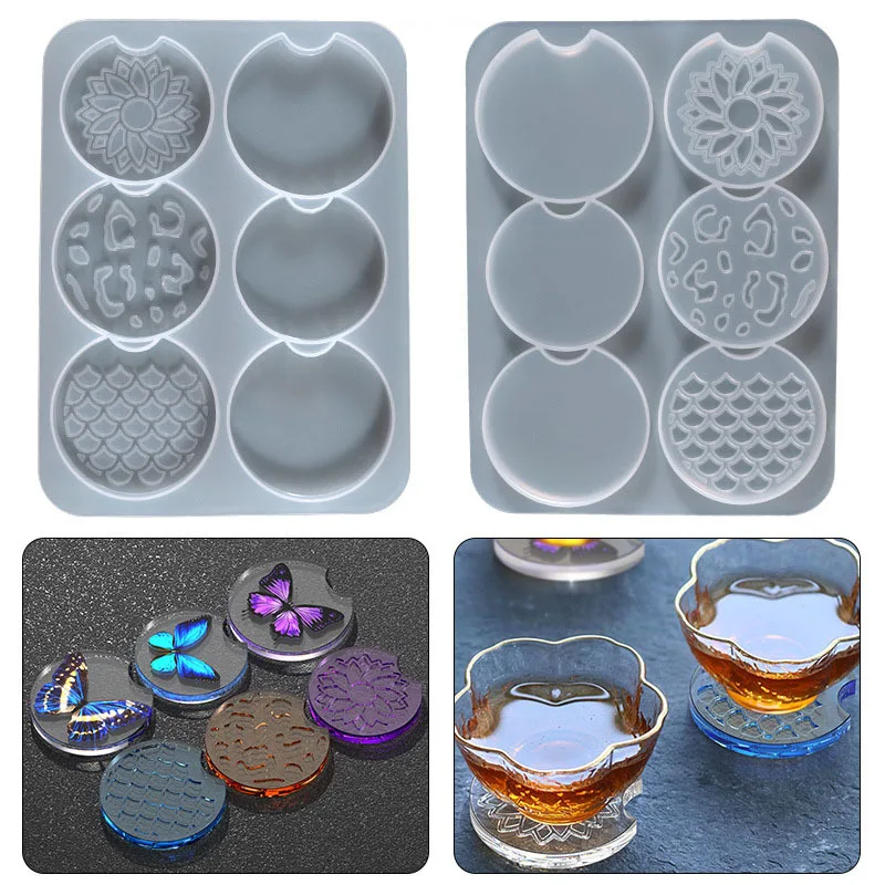 New Mould DIY Resin Coaster Mold Set - 6-Cavity Car Coaster Tray for Drinks Resin Cup Holder Home DIY Decorative Silicone Molds