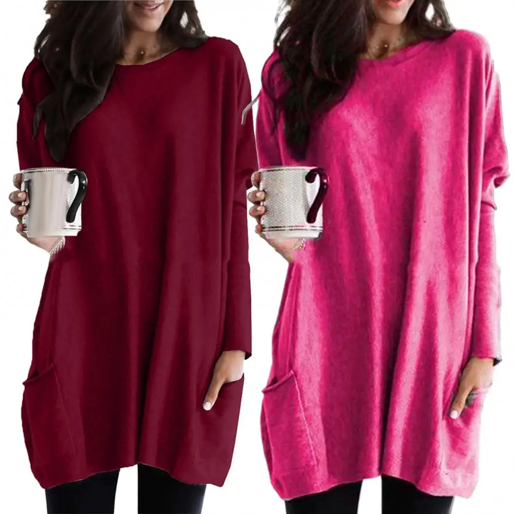 Plus Size Women Solid Color Sweater O-Neck Long Sleeve T-Shirt Tunic Top New Sweater with Pockets 2019