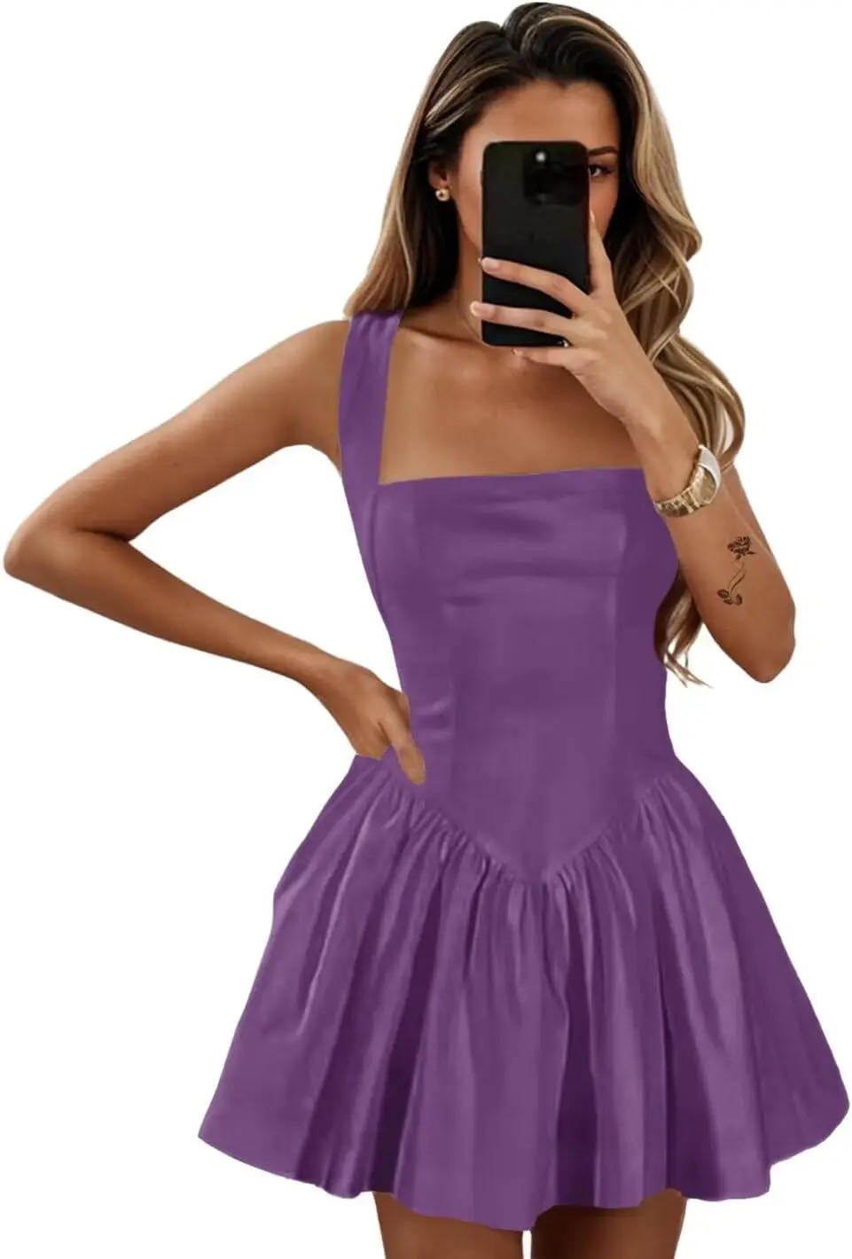 

Short Square Neckline Camisole A-line Mini Skirt, Simple and Elegant Party Dance Dress Youth Homecoming Dress Satin Formal Dress