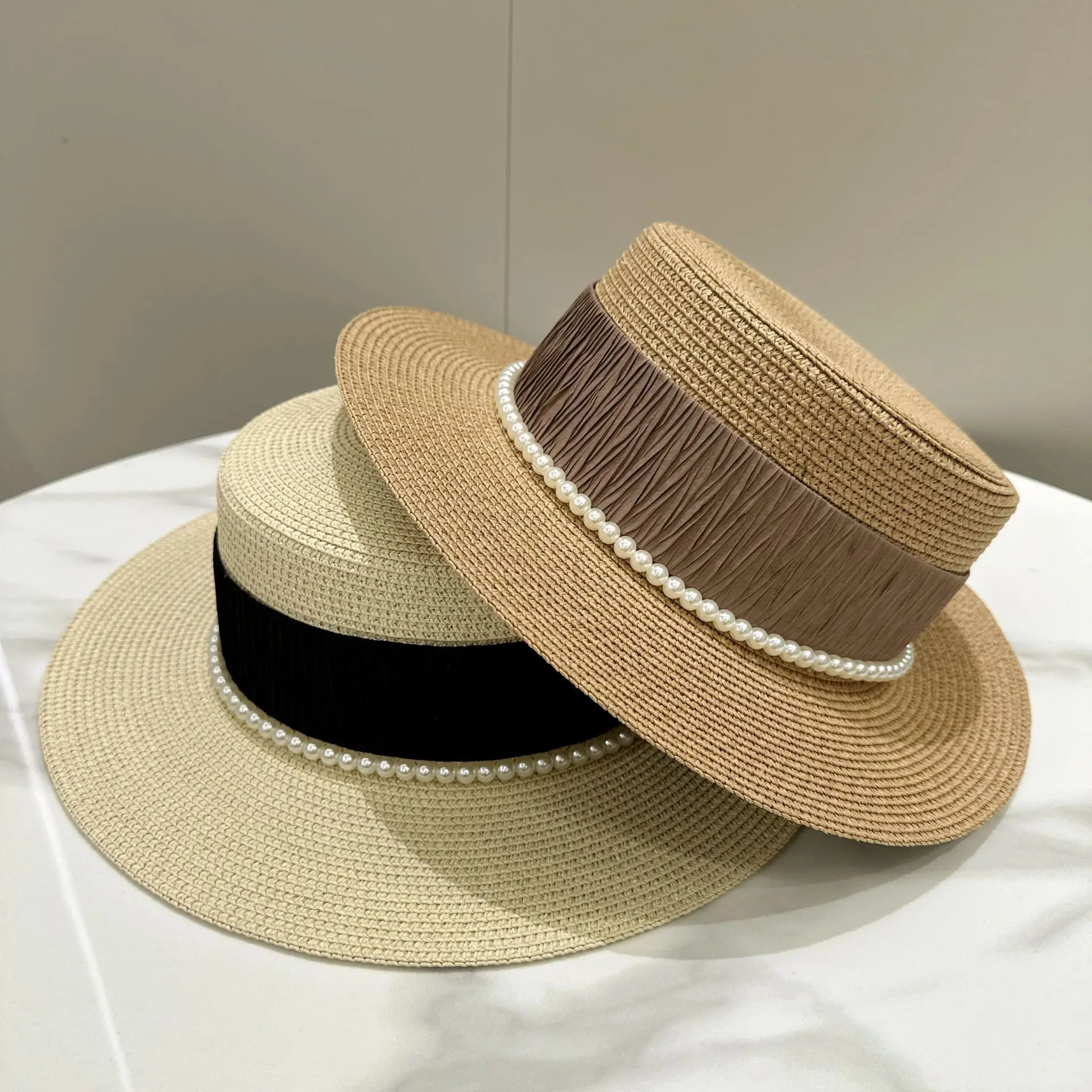 

Parisian Pearl Flat Crown Sun Hat - Ruched Ribbon Band Cloche Hat & 7cm+ Brim | 4 Classic Colors​ for women Beach Walking Travel