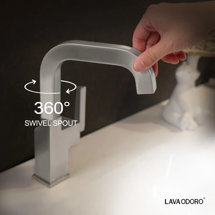 Torneira de banheiro de níquel escovado para banheiros modernos: design de um furo com alça única com bico giratório e conjunto de drenagem popup