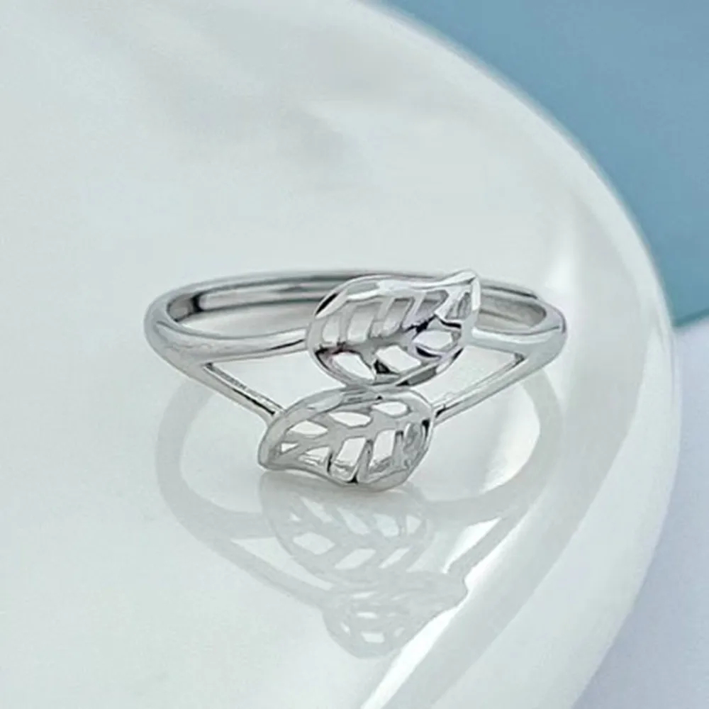 Real Pure Platinum 950 Band Women Gift Lucly Double Hollow Leaf Ring 1.63-1.74g 