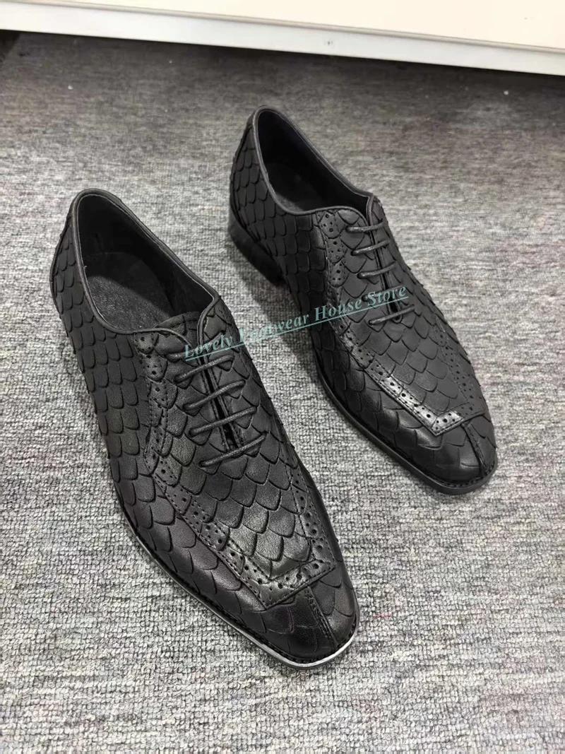 

New Style Genuine Leather Men Snakeskin Single Shoes Male Comfortable Flat Heel Lace Up Spring Autumn Black Dress Shoes