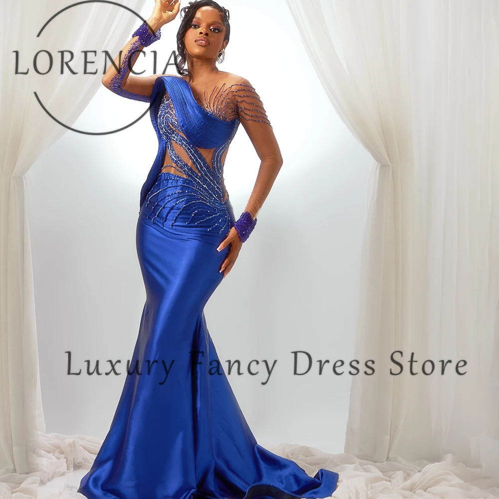 Perles élégantes robes de bal 2025 manches longues sirène robes de soirée personnalisé Court Train col rond robe de soirée dubaï