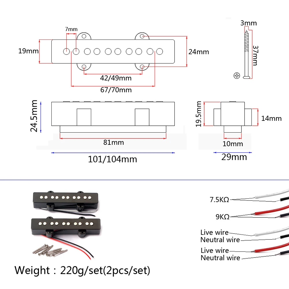 5 String Electric Bass Pickups Bridge Neck Pickups Set for Jazz JB Bass Guitar Open Style Guitar Parts and Accessories GMB08