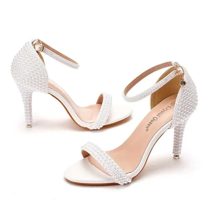 Wedding Party Sandals Women Pearl Decoration Buckle Strap 9.5CM Thin Heels Cover Heel Bridesmaid Women Shoes White Stiletto