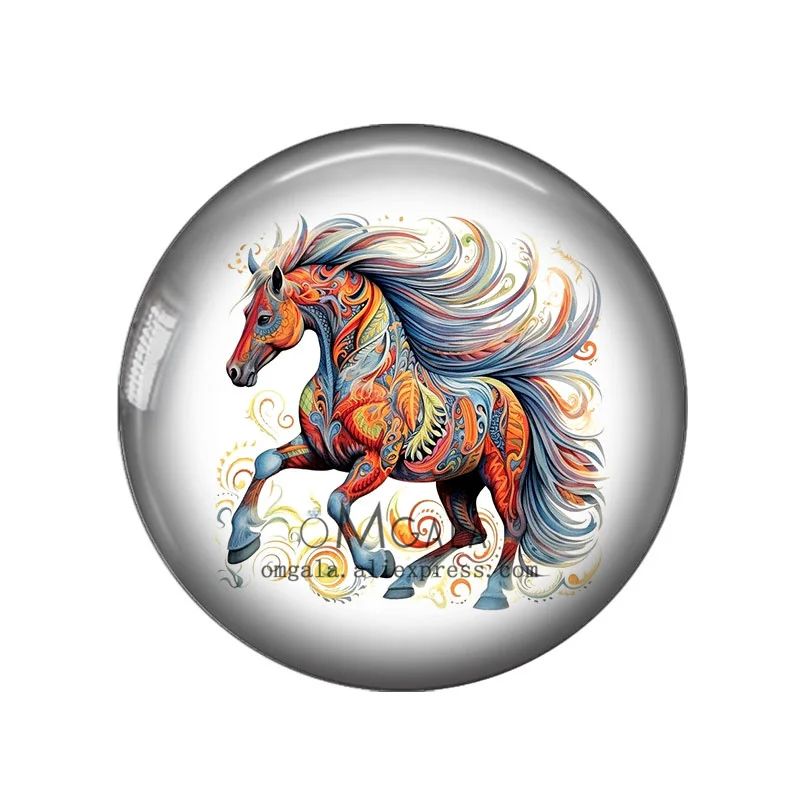 Folk Art Flowers with Horse Pattern 12mm/18mm/20mm/25mm Round Photo glass cabochon demo flat back Making findings