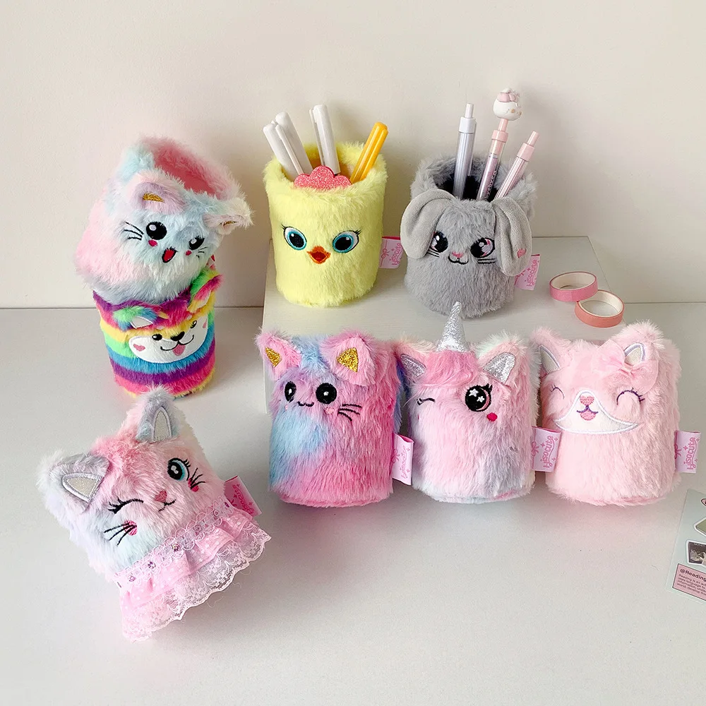 Cute Cartoon Plush Pen Holder, Student Learning Stationery Storage Bucket, DIY Material Tool Storage Box, Desktop Storage Gift