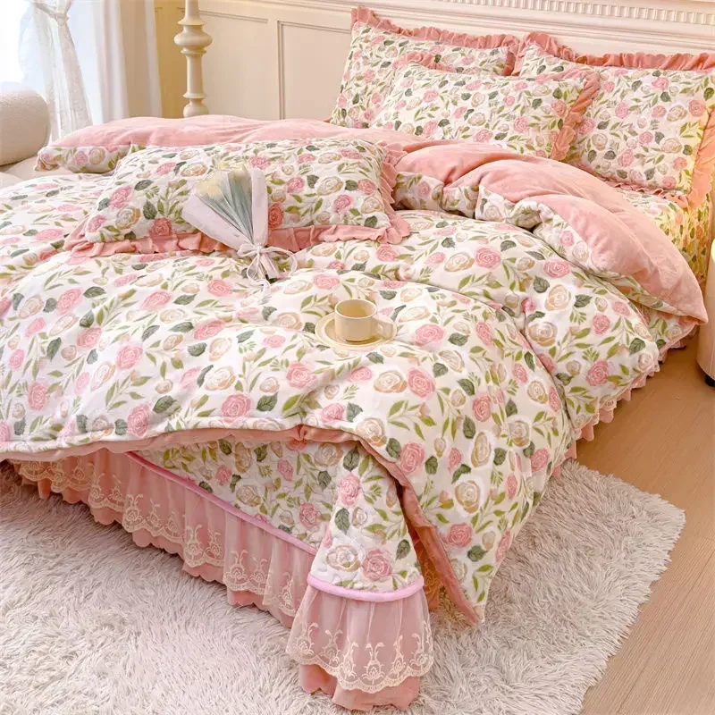 Green Flowers Pattern Thickened Milk Velvet Bed Group Sheet Set Winter Double-sided Coral Fleece Duvet Cover Four Piece Suit Set