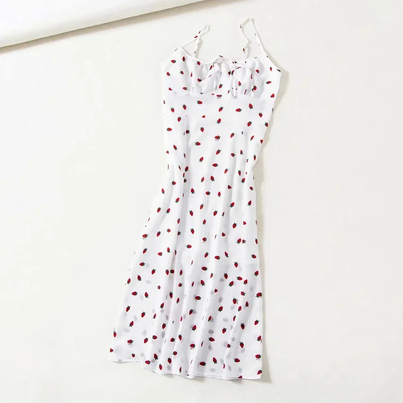 2023 Woman Sexy Summer Dress French Strawberry Print Suspender Dress White with Drawstring High Waist Sleeveless Spaghetti Strap