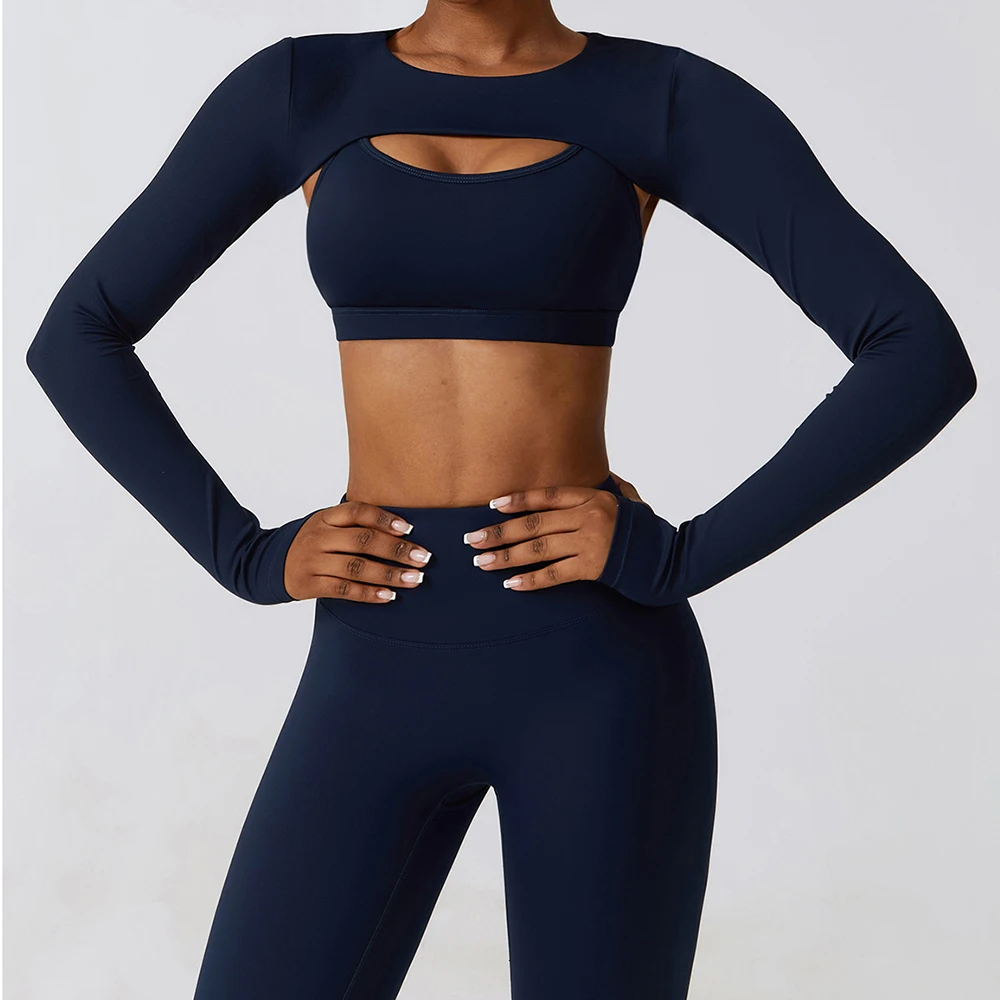 

Solid Sports Top Women Yoga T-shirts Long Sleeve Shawl Gym Workout Shirts Sexy Exposed Navel Quick Dry Fitness Women Tracksuits