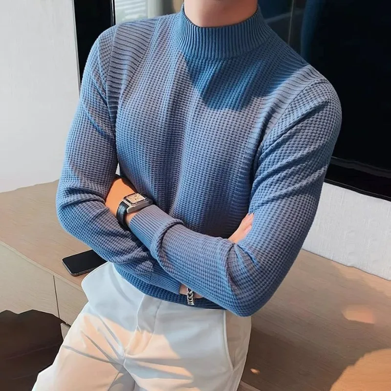 

Men's Semi High Neck Sweater New Spring Autumn Waffle Knitted Pullovers Innerwear New Trendy Slim Cleanfit Casual Base Jumpers