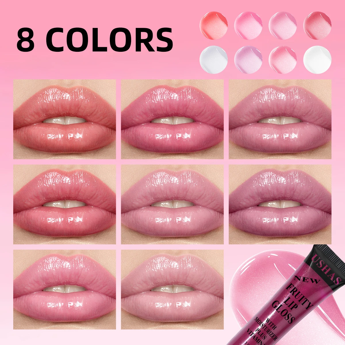 USHAS Liquid lip gloss with applicator, moisturizing, mirror gloss, hydrated lips, suitable for all skin types