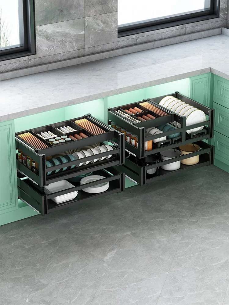 Kitchen cabinets, baskets, drawers, double layer bowls, plates, storage racks, pots, seasonings, aluminum alloy materials