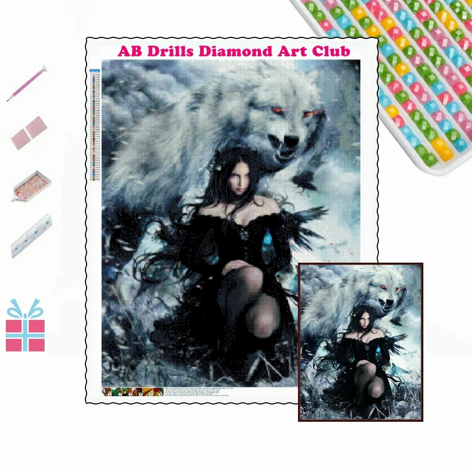 Grey Wolf and Girl 5D DIY AB Drills Diamond Painting Embroidery Fantasy Gothic Animal Cross Stitch Rhinestone Mosaic Home Decor