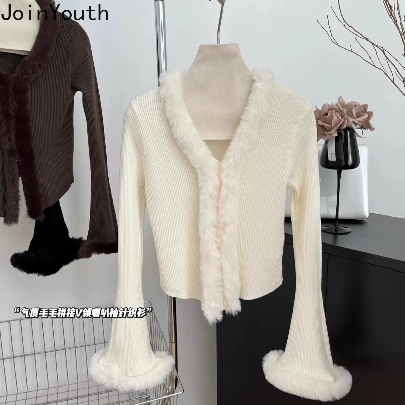 Cropped Cardigan Women Clothing Patchwork Furry V-neck Tunic Pull Femme Flare Sleeve Fashion Casual Knit Sweater Sueter Mujer