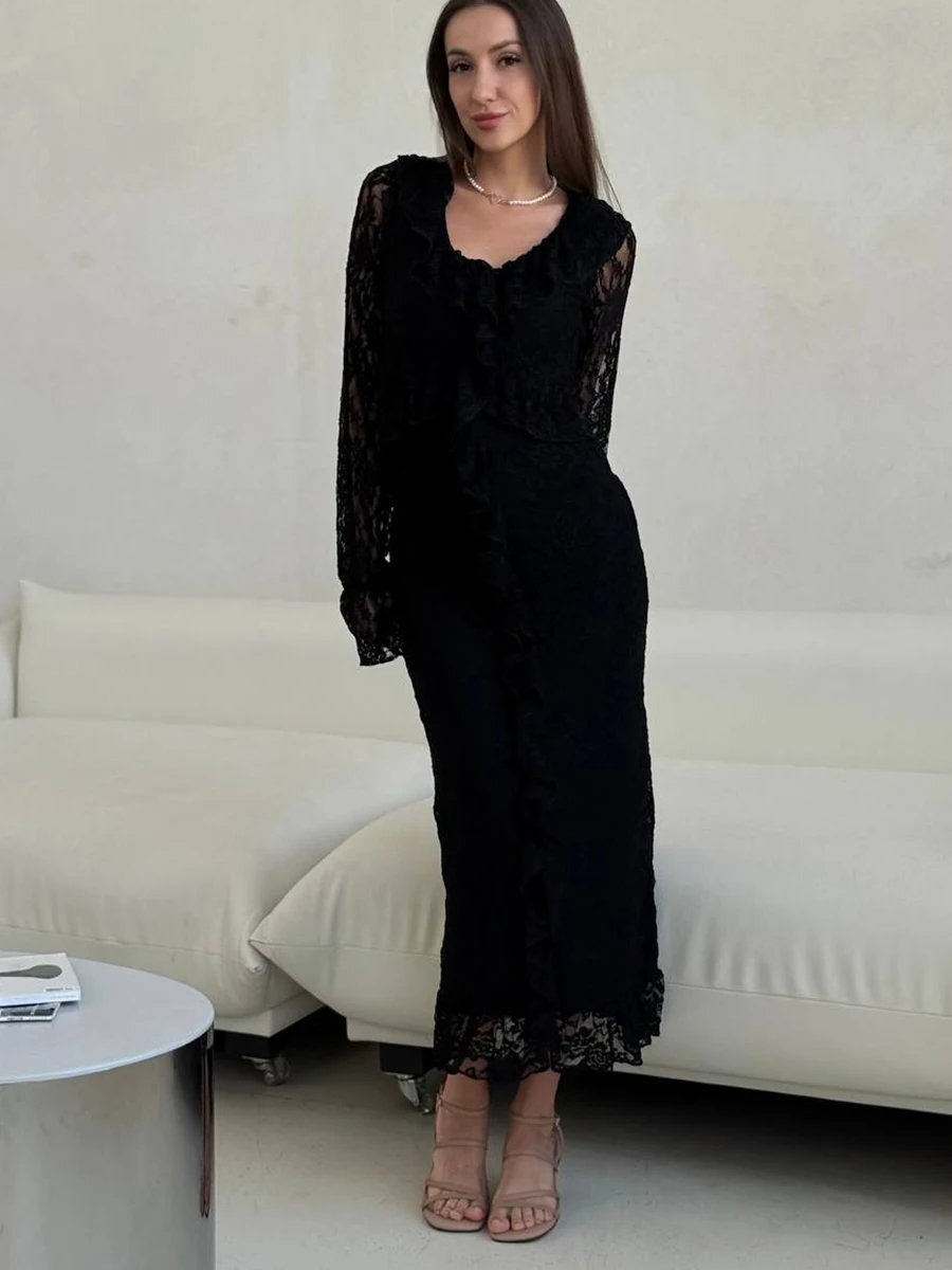 Hirsionsan Lace Elegant Dress Women Floral Graphic Chic Maxi Dresses with Ruffles Sexy Autumn V Neck Party Dress for Female 2025