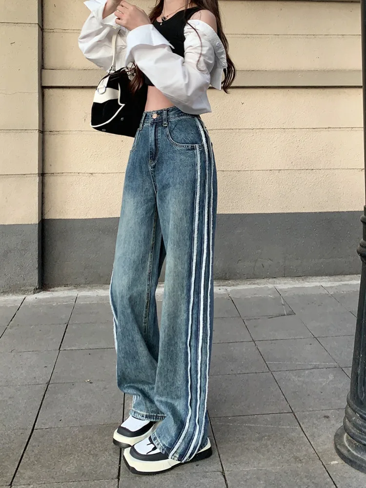 2023 Y2K Fashion Side Stripe Washed Blue Baggy Jeans Pants For Women Clothes Straight Lady Hip Hop Denim Trousers Pantalon Femme