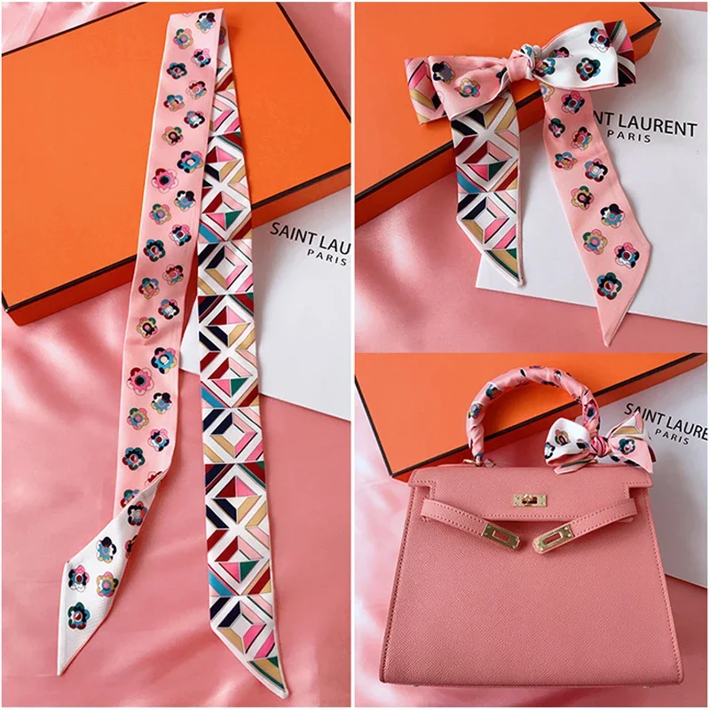2026 Spring Border New Geometric Diamond Small Flowers Women's Decorative Small Silk Scarf Bundle Bag Handle Ribbon Small Scarf