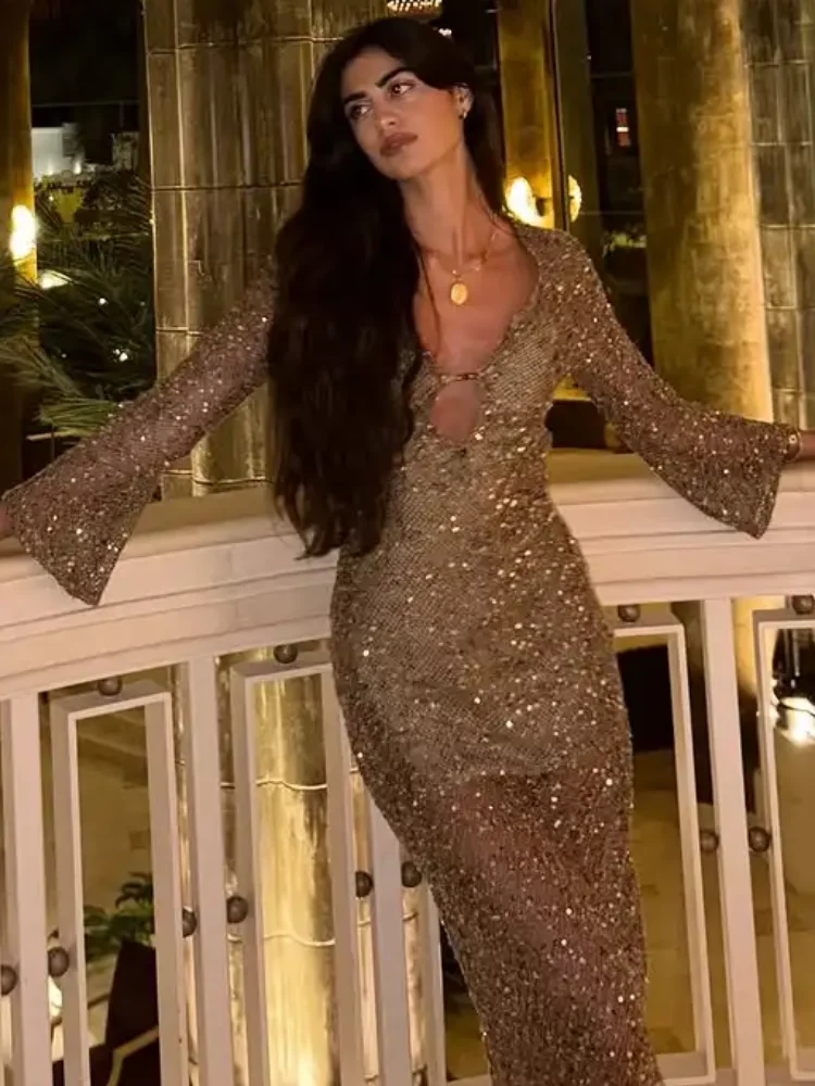 Vestido Midi calado con lentejuelas para mujer, vestido Sexy elegante de manga larga con escote en V profundo, vestidos ajustados transparentes, vestidos de fiesta de noche para mujer 2026