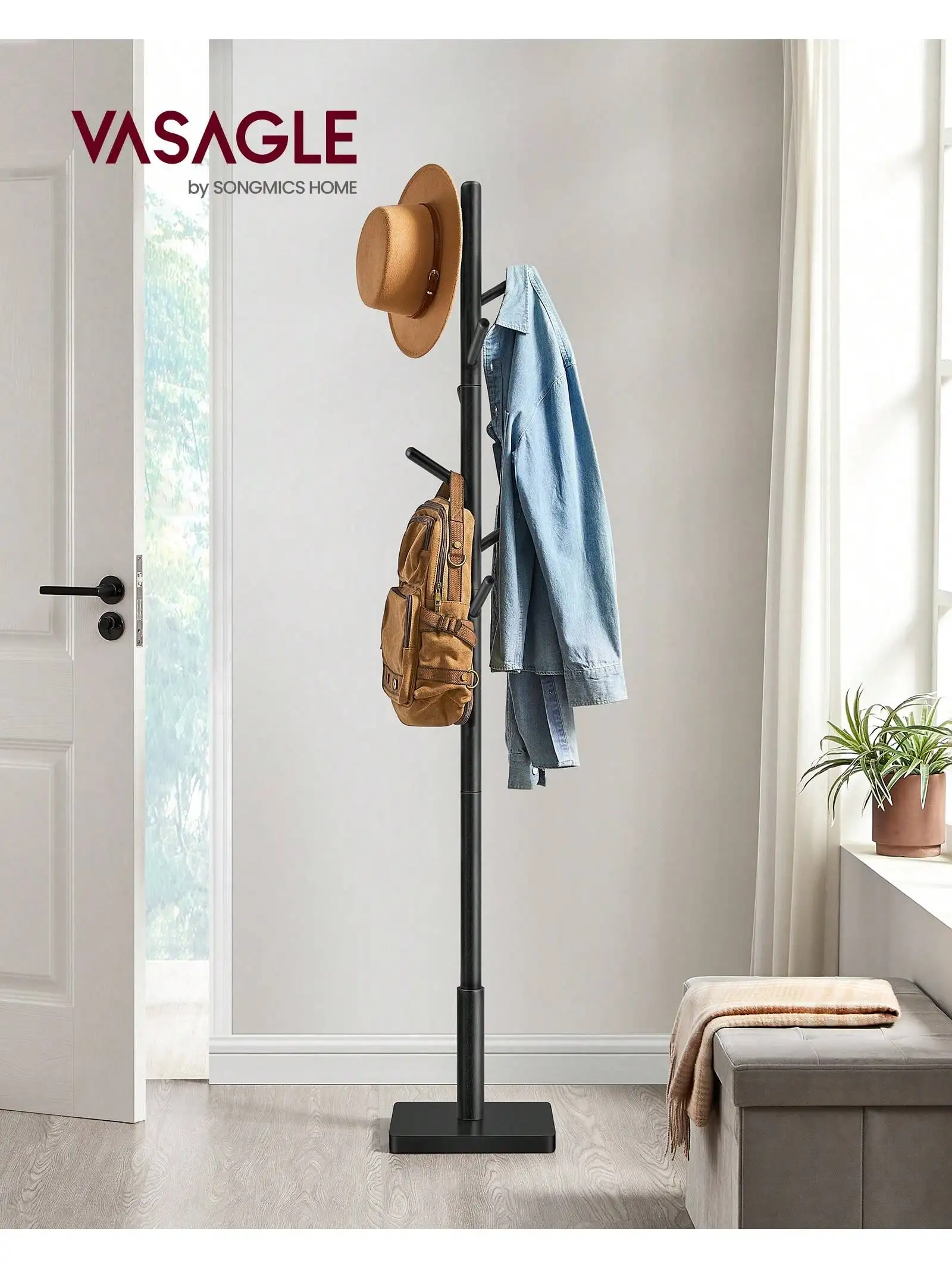 VASAGLE Appendiabiti in legno massello: appendiabiti da ingresso autoportante con 8 ganci per cappotti, cappelli, borse, portamonete. Ingresso, uso nel corridoio.