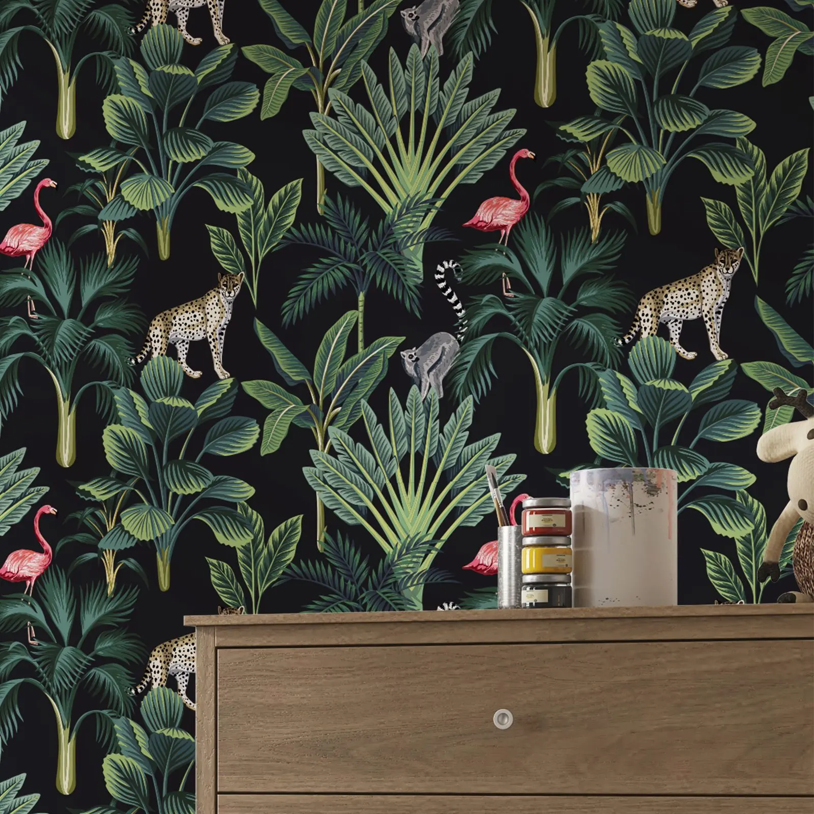 

Tropical Vintage Wild Animals Wallpaper, Flamingo Peel And Stick Wall Papers ,Palm Trees Wall Mural ,Dark background Wall Paper