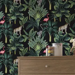 Tropical Vintage Wild Animals Wallpaper, Flamingo Peel And Stick Wall Papers ,Palm Trees Wall Mural ,Dark background Wall Paper