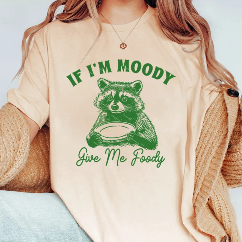 Racoon If I'm Moody Give Me Foody Print T-shirts Women Spring & Fall Short Sleeves Tops Round Neck Tees Oversized T Shirts