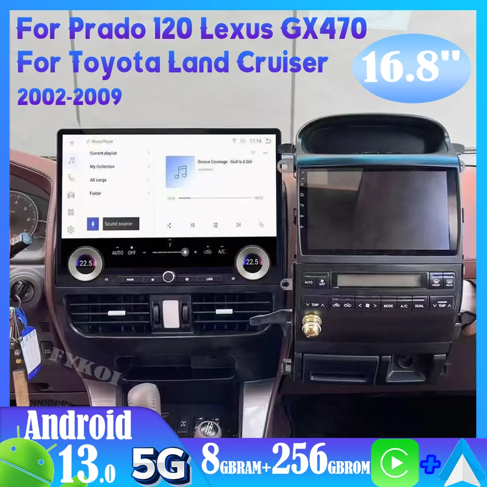 

16.8" Qualcomm For Toyota Land Cruiser Prado 120 For Lexus GX470 Car Intelligent Systems Android 13 Carplay Auto Screen Player
